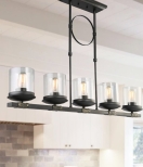 Dennis Retro Kitchen Linear Island Pendant Lighting, Clear Glass Shade, Black Finish